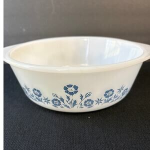 Vintage Lady Cornelia Blue Flower Ovenware 1.5 qt Round Milk Glass Dish